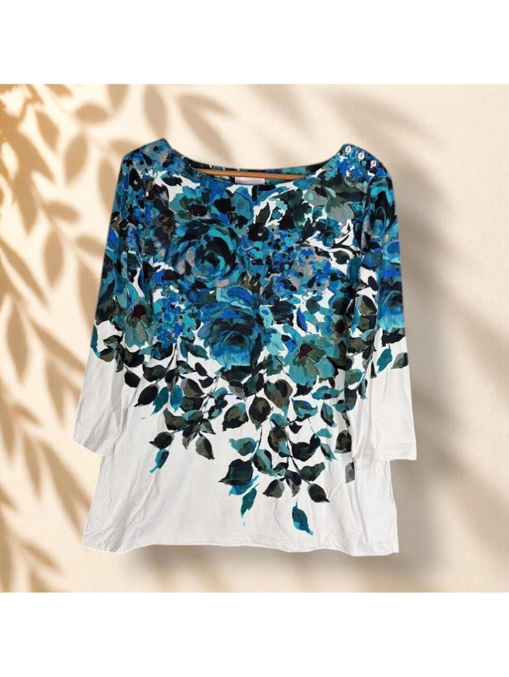 Charter Club Blouse Women L Large White Floral 3/4 Sleeve Round Neck Casual
